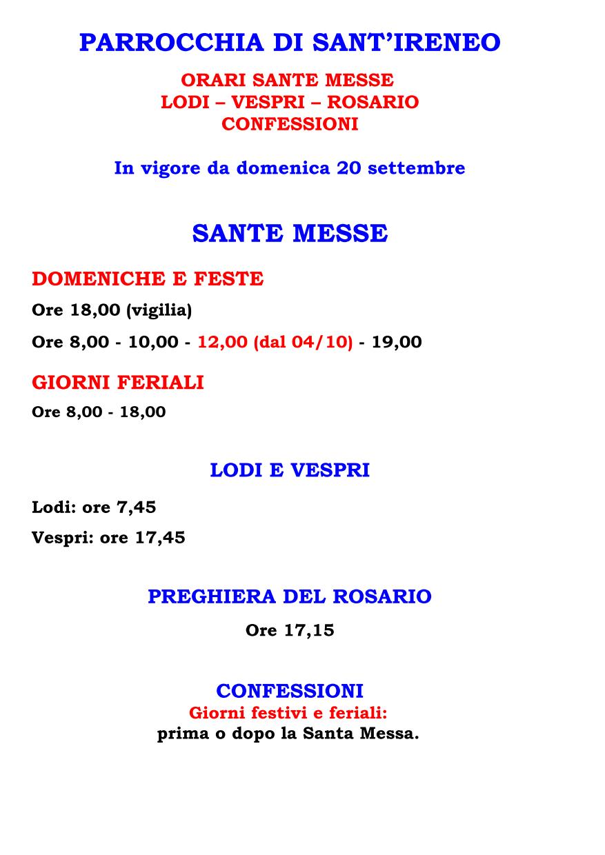 Orario messe autunno 2026